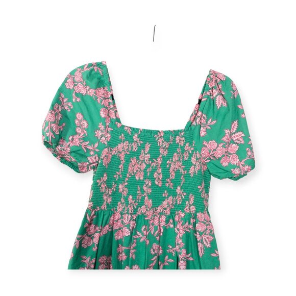 J.Crew Floral Puff Sleeve Smocked Cotton Midi Dress SZ S Green Boho Cottage Core - Picture 3 of 9